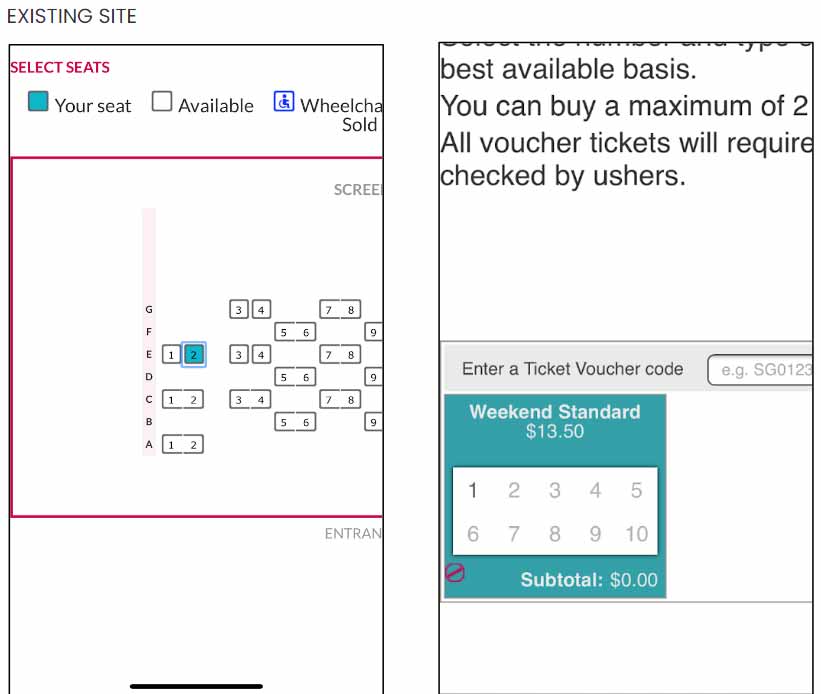 A disjointed process of selecting seats and ticket types